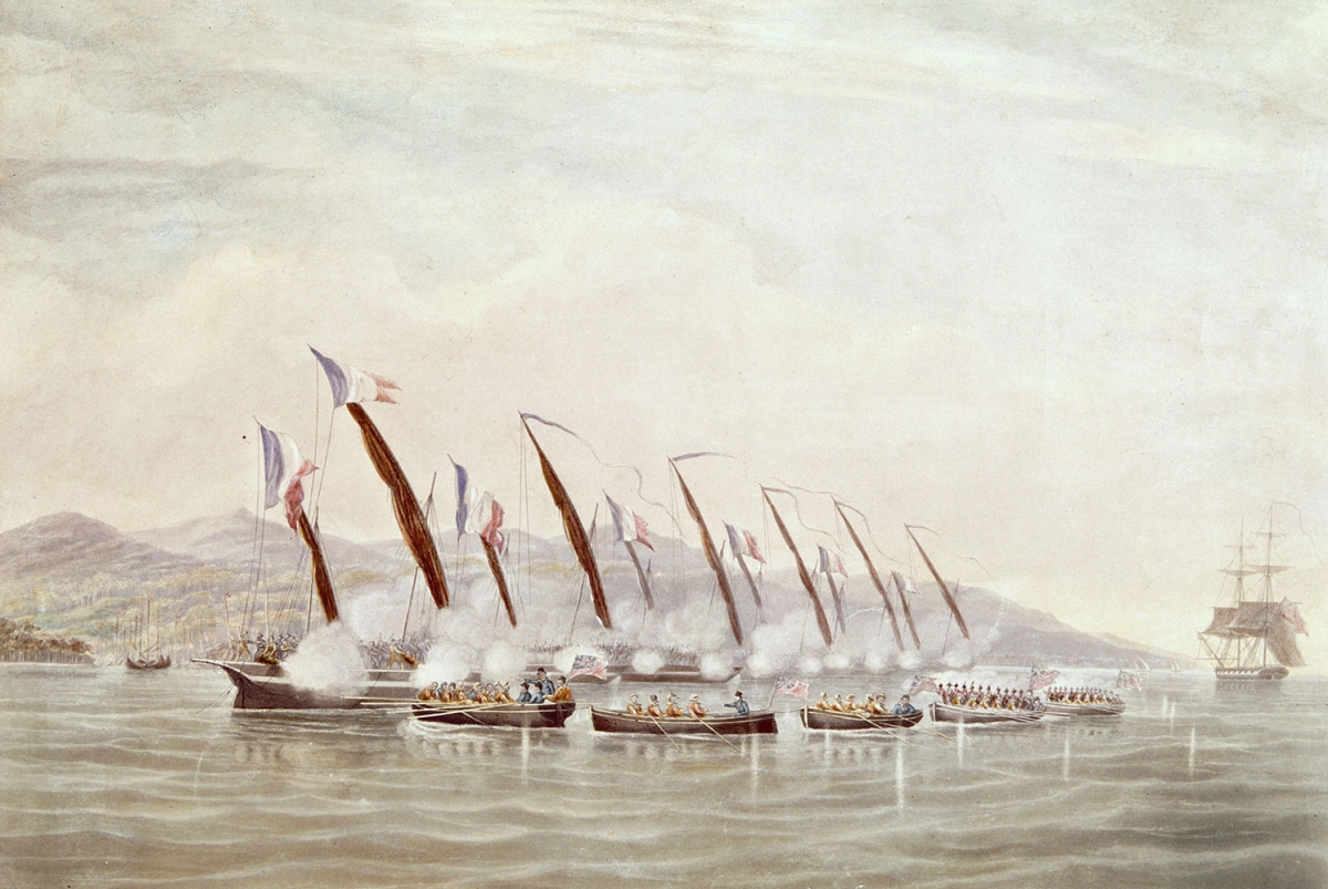 Boats from HM Sloop Procris attacking and capturing six French gunboats off the coast of Java at Indramayu on 31 July 1811. Engraving by Charles Rosenberg (flourished mid-19th century) after a painting by the celebrated naval artist, William John Huggins (1781-1845). Courtesy of the British Library, London.