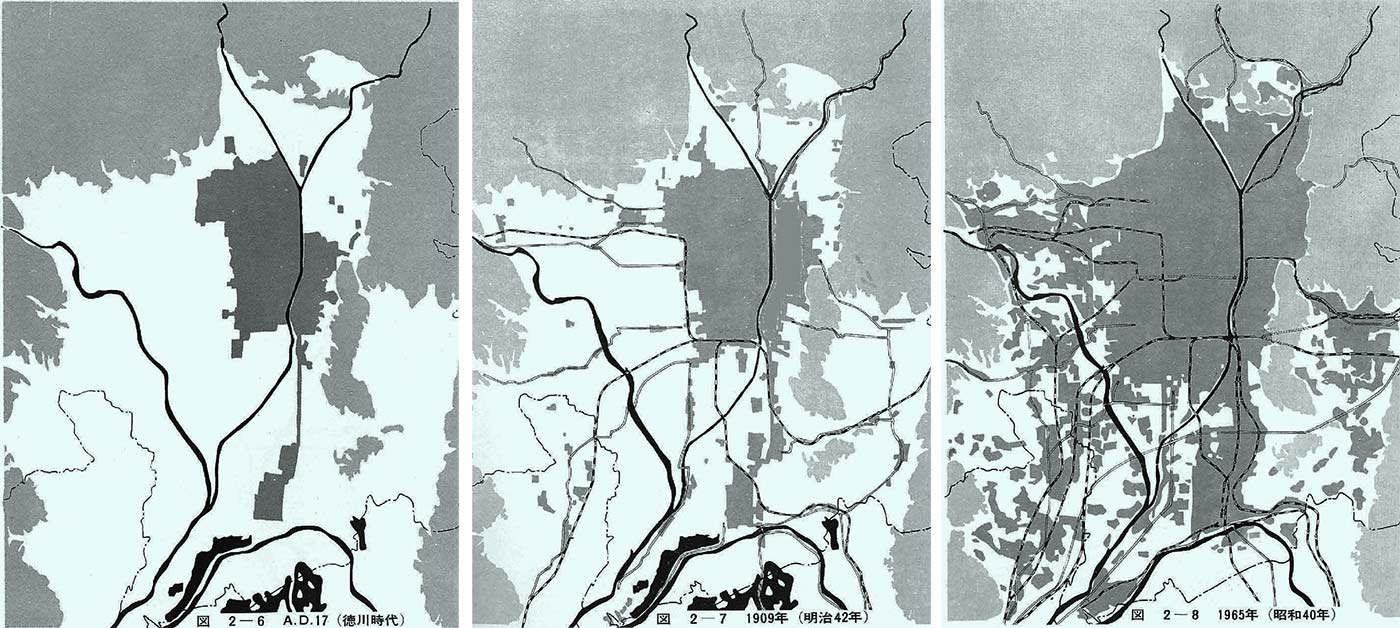 Kyoto urban area expansion map, 17th century ~ 1965. Source: Kyotoshi keikakukyoku 1967